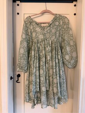 Daughters of India Sage Green Floral Puff-Sleeve Dress